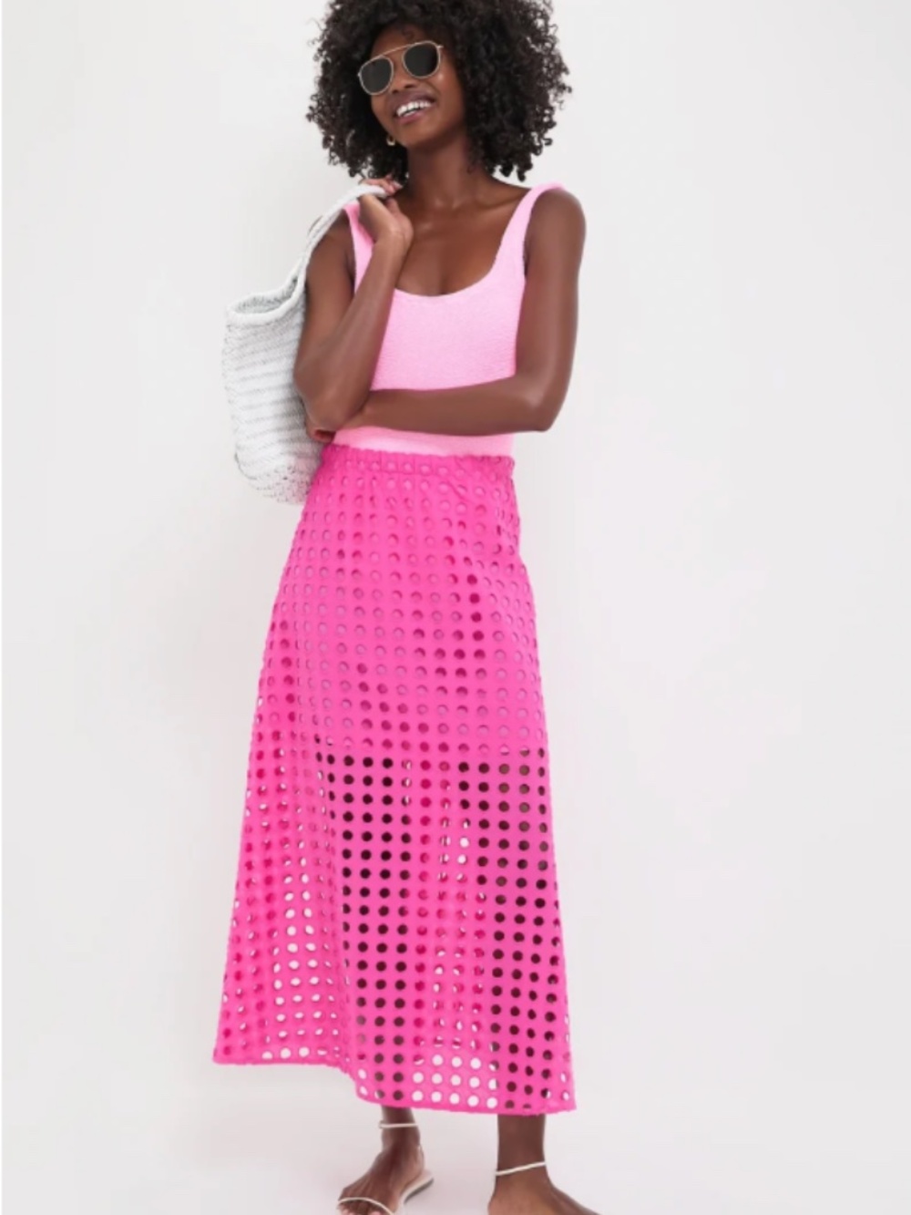 Tuckernuck Hot Pink Cotton Eyelet Eve Skirt Size Medium Midi Summer (P)
